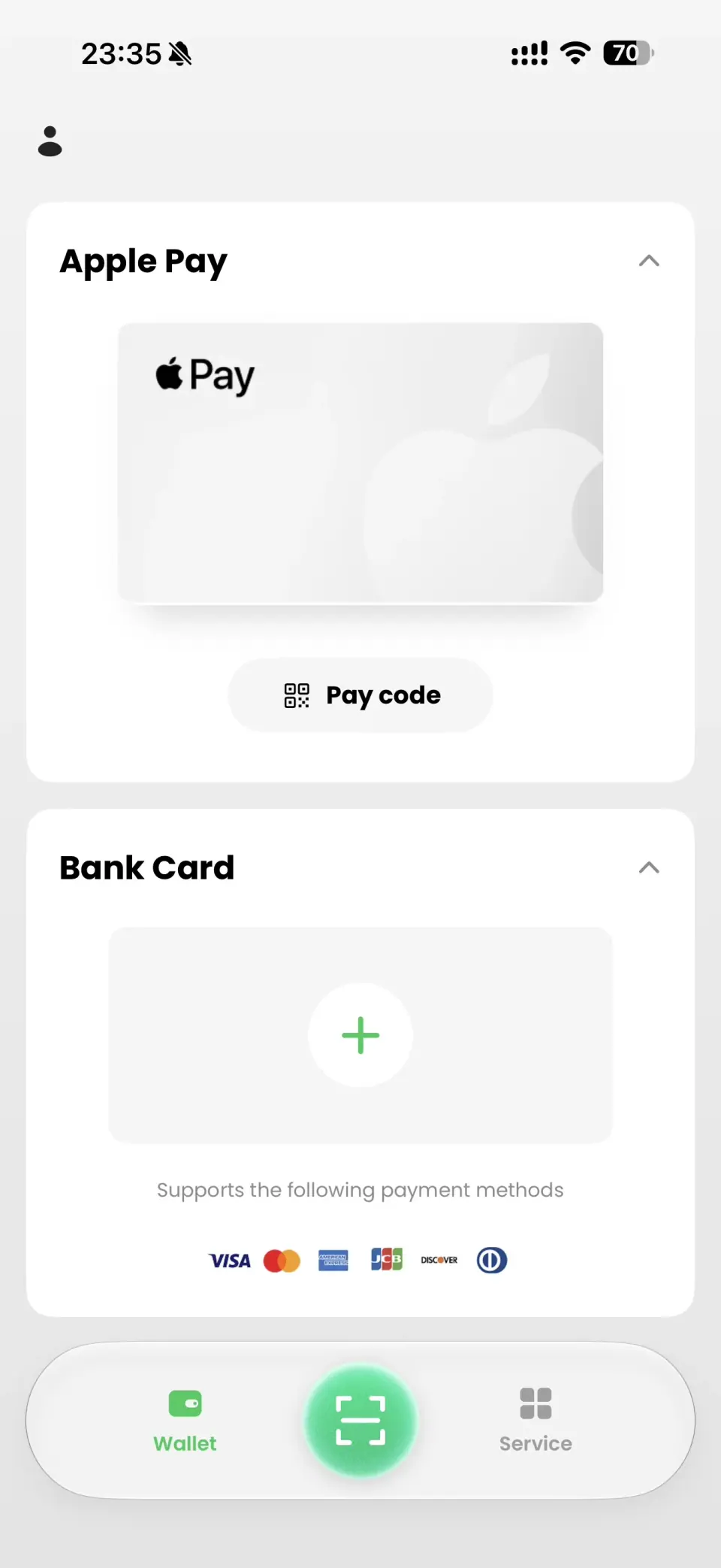 TenPayGo Wallet screen showing the Apple Pay and Bank Card sections